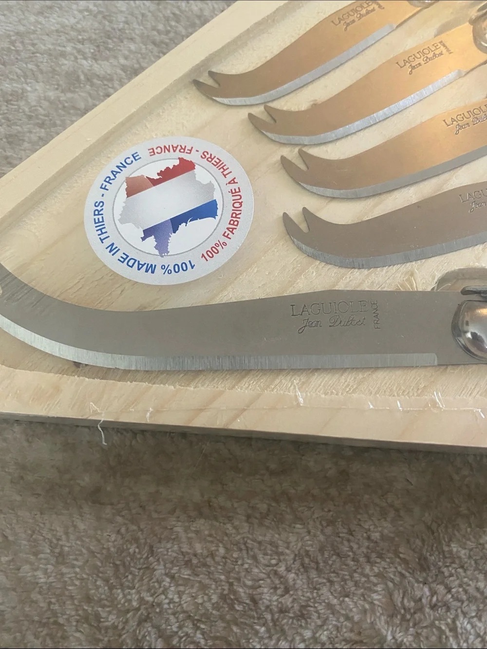 Stainless steel cheese knife set. Laquiole Jean Dubost France 5 piece set.